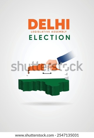Delhi Legislative assembly election 2025 hand putting vote in 3d map vector poster