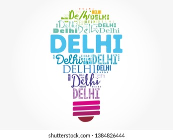 Delhi light bulb word cloud, travel concept background