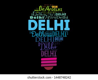 Delhi light bulb word cloud, travel concept background