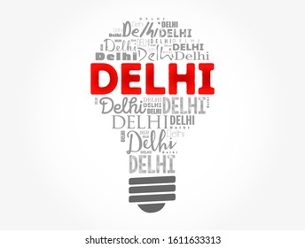 Delhi light bulb word cloud, travel concept background
