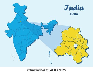 Delhi locator map showing District and its capital. Political map of Indian Delhi state with districts. Delhi District vector map illustration. Delhi state political outline. Capital of India map