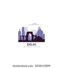 Delhi logo with skyline, cityscape retro vector icon. India city horizon, facade, travel logotype