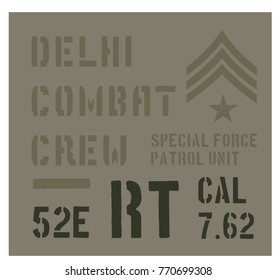 Delhi military plate, realistic looking military typography for t-shirt, poster, print.