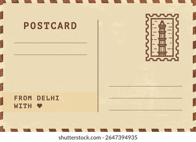 Do modelo de cartão postal de Délhi. Vetor grungy vintage estilo ilustração postal com selo, monumento, marco, mensagem. Layout de imagem simples de saudações simples