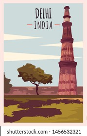 Delhi retro poster. Delhi travel illustration. States of India greeting card.
