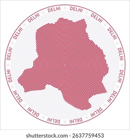 Delhi round logo design. State shape built of rings. Delhi text around the state. Vector illustration.