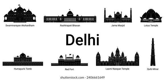 Delhi silhouette in black-and-white color. Delhi attractions. Tower, fort, tomb, temples, mosque and official residence. 