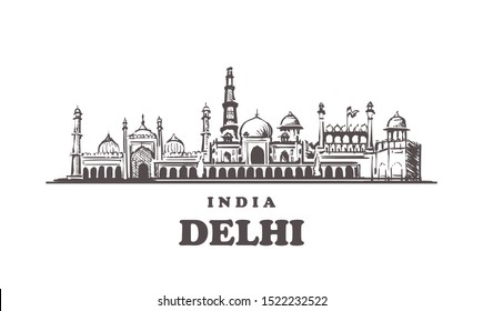 Delhi sketch skyline. Delhi, India hand drawn vector illustration. Isolated on white background. 