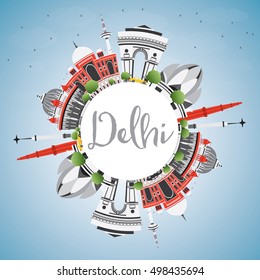 Delhi Skyline with Gray Buildings, Blue Sky and Copy Space. Vector Illustration. Business Travel and Tourism Concept with Historic Architecture. Image for Presentation Banner Placard and Web Site.