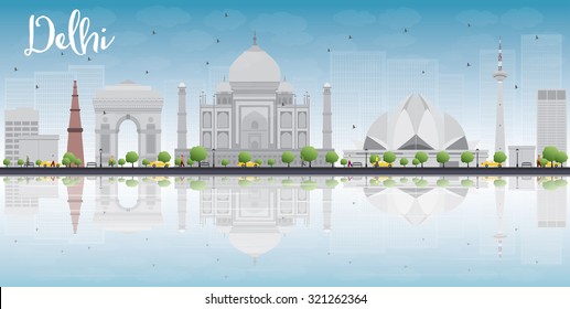 Delhi skyline with gray landmarks, blue sky and reflections. Vector illustration. Business travel and tourism concept with place for text. Image for presentation, banner, placard and web site.