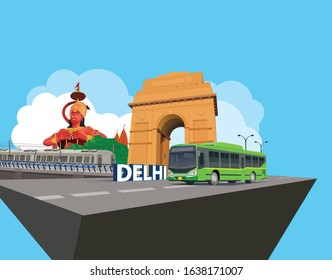 Delhi skyline with India Gate, Bus, Hanuman Temple