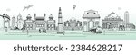Delhi Skyline, New Delhi city, Line Art Vector Illustration with all the famous buildings.