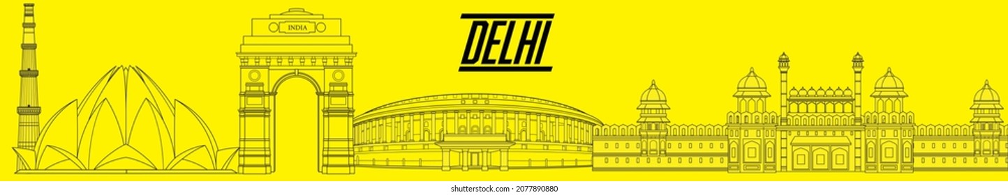 Delhi skyline, New Delhi city, Line Art Vector illustration with all famous buildings, New Delhi buildings set, panoramic view