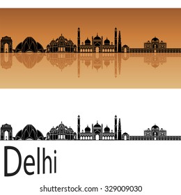 Delhi skyline in orange background in editable vector file