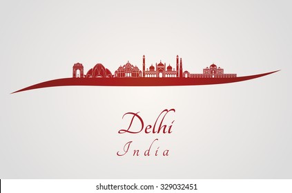 Delhi skyline in red and gray background in editable vector file