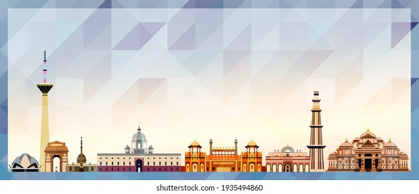 Delhi skyline vector colorful poster on beautiful triangular texture background