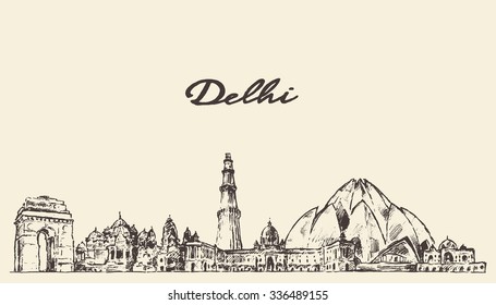 Delhi skyline, vector engraved illustration, hand drawn