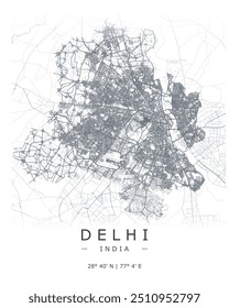Delhi vector print map. Detailed map of Delhi in India. Best free vector illustration. Tourist decorative minimalist street map.