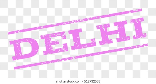 Delhi watermark stamp. Text caption between parallel lines with grunge design style. Rubber seal stamp with dust texture. Vector violet color ink imprint on a chess transparent background.