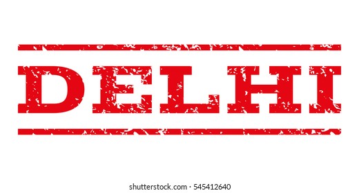 Delhi watermark stamp. Text caption between horizontal parallel lines with grunge design style. Rubber seal stamp with scratched texture. Vector intensive red color ink imprint on a white background.