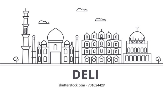 Deli architecture line skyline illustration. Linear vector cityscape with famous landmarks, city sights, design icons. Landscape wtih editable strokes