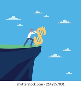 Deliberate collapse of the monetary fund. Exchange rate on stock market. Man drops dollar sign from mountain. Global financial crisis, economic problems. Vector cartoon flat concept