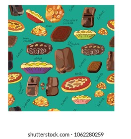 Delicacy with chocolate and without. Bakery products. Seamless bright pattern with food