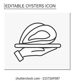 Delicacy line icon. Luxury aphrodisiac seafood on restaurant.Waiter carries order on tray. Oysters concept. Isolated vector illustration. Editable stroke