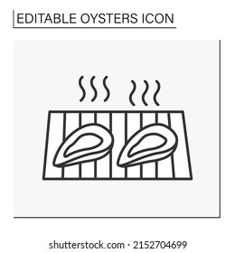  Delicacy line icon.Oysters prepared on grill. Tasty food from the restaurant. Seafood concept. Isolated vector illustration. Editable stroke