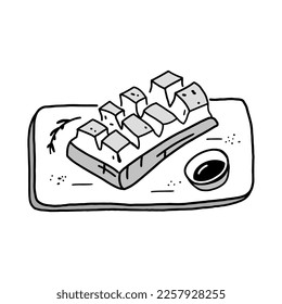 Delicacy mattak, a square of scored whale skin. Arctic food. Isolated vector image.