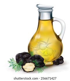 delicacy mushroom black truffle on a background of olive oil bottle 