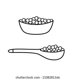 Delicacy salted red or black salmon caviar. Vector doodle illustration of sea fish caviar in a wooden spoon and plate.
