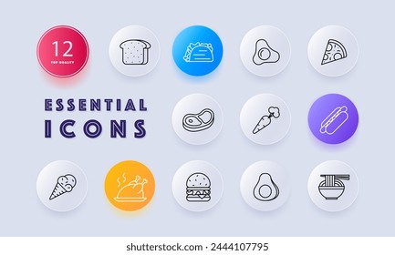 Delicacy set icon. Bread, shawarma, eggs, fried eggs, ice cream, carrots, steak, burger, sausage in dough, grilled chicken, pizza, noodles, street food, gradient, unusual food. Neomorphism style.