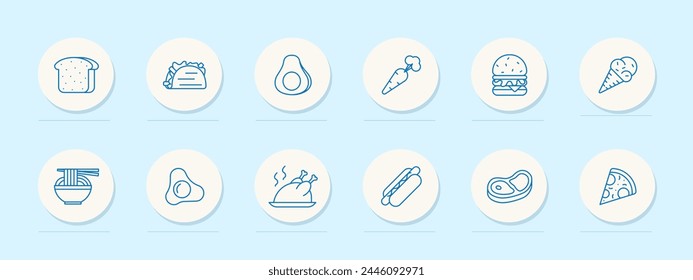 Delicacy set icon. Bread, shawarma, eggs, fried eggs, ice cream, carrots, steak, burger, sausage in dough, grilled chicken, pizza, noodles, street food, blue colors, unusual food. Vector line icon.