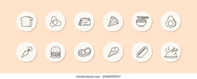 Delicacy set icon. Bread, shawarma, eggs, fried eggs, ice cream, carrots, steak, burger, sausage in dough, grilled chicken, pizza, noodles, street food, pastel colors, unusual food. Vector line icon.