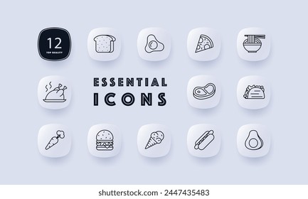 Delicacy set icon. Bread, shawarma, eggs, fried eggs, ice cream, carrots, steak, burger, sausage in dough, grilled chicken, pizza, noodles, street food, gradient, unusual food. Neomorphism style.