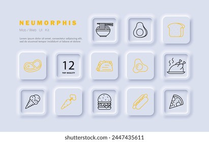 Delicacy set icon. Bread, shawarma, eggs, fried eggs, ice cream, carrots, steak, burger, sausage in dough, grilled chicken, pizza, noodles, street food, gradient, unusual food. Neomorphism style.