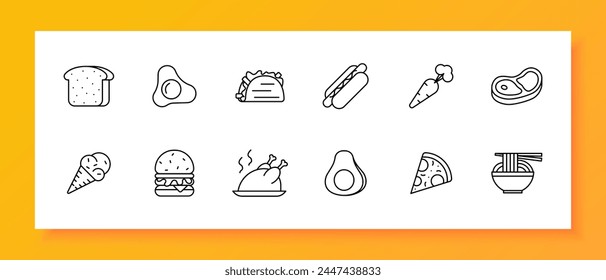 Delicacy set icon. Bread, shawarma, eggs, fried eggs, ice cream, carrots, steak, burger, sausage in dough, grilled chicken, pizza, noodles, street food, unusual food. Vector line icon.