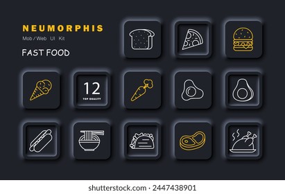 Delicacy set icon. Bread, shawarma, eggs, fried eggs, ice cream, carrots, steak, burger, sausage in dough, grilled chicken, pizza, noodles, street food, unusual food. Vector line icon.