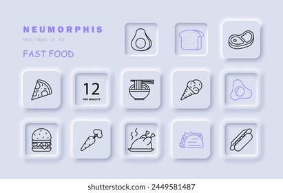 Delicacy set icon. Bread, shawarma, eggs, fried eggs, ice cream, carrots, steak, burger, sausage in dough, grilled chicken, pizza, noodles, street food, unusual food. Vector line icon.