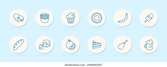 Delicacy set icon. Mushrooms, cheese with holes, cupcake, baguette, ice cream, donut, french fries, fast food, junk food, cherry, cake, sausage, drink, unusual food. Vector line icon.