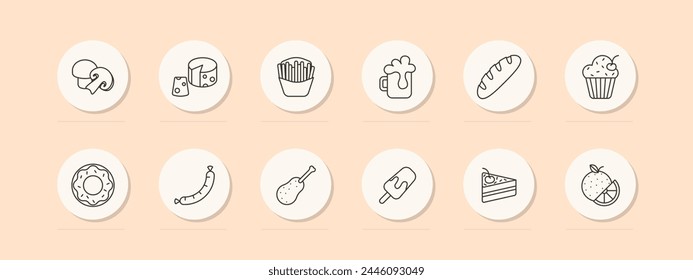 Delicacy set icon. Mushrooms, cheese with holes, cupcake, baguette, ice cream, donut, french fries, fast food, junk food, cherry, cake, sausage, drink, unusual food. Vector line icon.