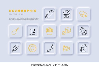 Delicacy set icon. Mushrooms, cheese with holes, cupcake, baguette, ice cream, donut, french fries, fast food, junk food, cherry, cake, sausage, drink, unusual food. Neomorphism style.