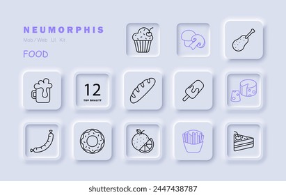 Delicacy set icon. Mushrooms, cheese with holes, cupcake, baguette, ice cream, donut, french fries, fast food, junk food, cherry, cake, sausage, drink, unusual food. Vector line icon.