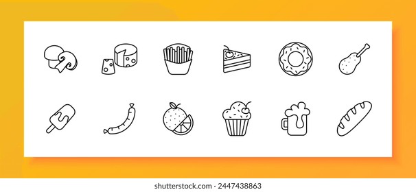 Delicacy set icon. Mushrooms, cheese with holes, cupcake, baguette, ice cream, donut, french fries, fast food, junk food, cherry, cake, sausage, drink, unusual food. Vector line icon.