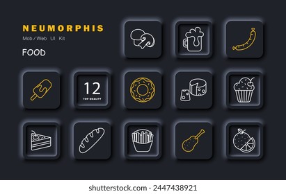 Delicacy set icon. Mushrooms, cheese with holes, cupcake, baguette, ice cream, donut, french fries, fast food, junk food, cherry, cake, sausage, drink, unusual food. Vector line icon.