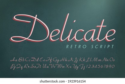 A delicate 1950s style script alphabet in two-tone pink on deep teal.