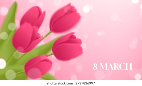 Delicate 8 March greeting card design. Glowing bokeh lights and soft-focus pink tulips on pink background. Ideal for International Women's Day invitations, social media posts, cards, covers.