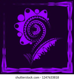 Delicate abstract eggplant flower in the form of a sunflower or garden with large petals and a stem on a purple background. Suitable for greetings and cards.