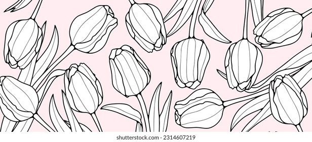 Delicate abstract floral background with white tulips. Background for coloring books, decor, wallpapers, postcards, presentations